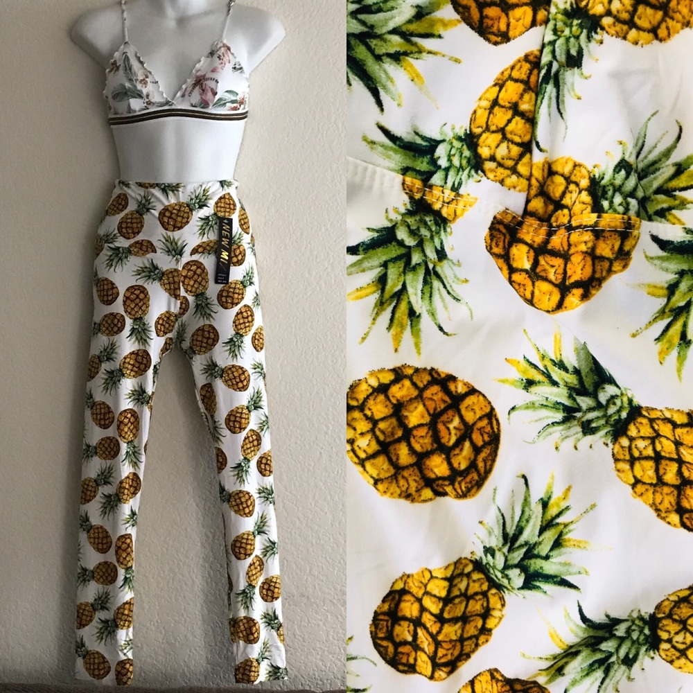 NWOT Stretch Sueded PINEAPPLE Print TROPICAL LEGGINGS One-Size